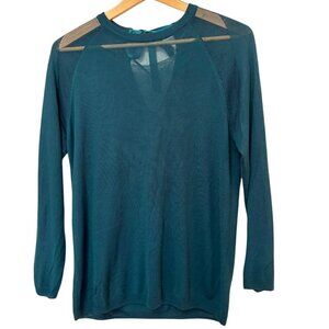 Freeloader Sweater Semi Sheer Size Med Dark Forest Green Ribbon Tie Long Sleeve